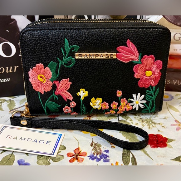 Rampage Handbags - NWT RAMPAGE Black Floral Embroidered Wristlet Wallet with Gold Logo